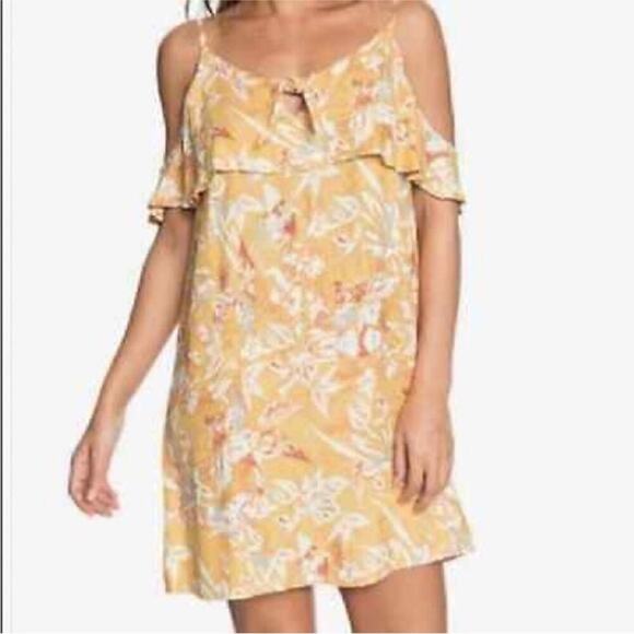 Roxy Still Waking up ruffle tip top spaghetti strap mini dress yellow floral sz8 - Picture 11 of 11